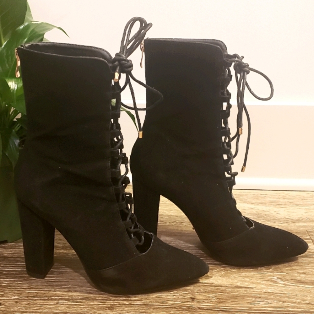 Lace Up Booties Black Velvet